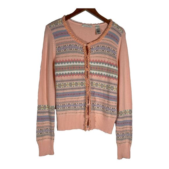 Retro Knit Pink Cardigan Velvet Trim Pastel Stripes L Crazy Horse Liz Claiborne - Picture 1 of 10